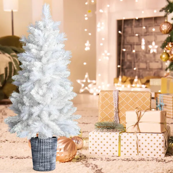Sapin de Noël artificiel blanc de 1,20 m avec support, sapin de Noël en pot avec 200 branches pour les fêtes de fin d'année, bureau ou maison.
