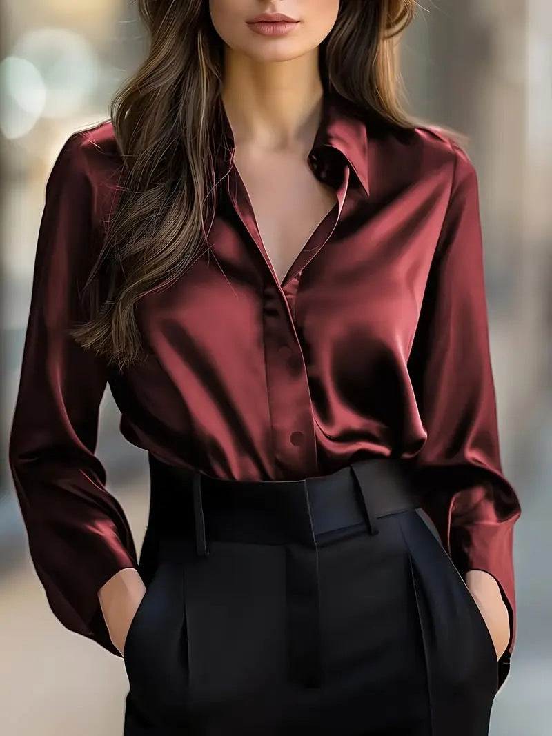 Chemisier élégant en satin à manches longues pour femme, chemise à col boutonné, parfait pour une tenue de travail décontractée et professionnelle.