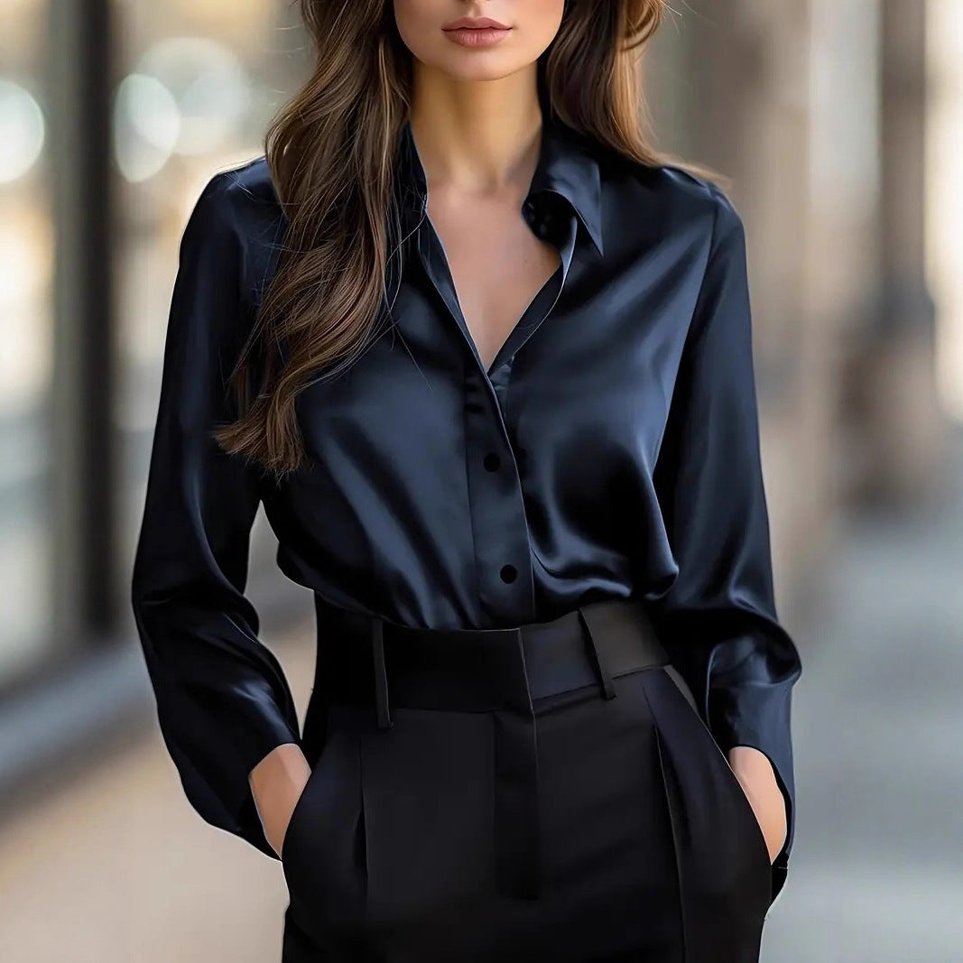 Chemisier élégant en satin à manches longues pour femme, chemise à col boutonné, parfait pour une tenue de travail décontractée et professionnelle.