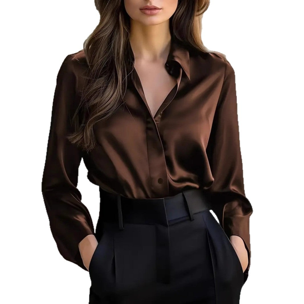 Chemisier élégant en satin à manches longues pour femme, chemise à col boutonné, parfait pour une tenue de travail décontractée et professionnelle.