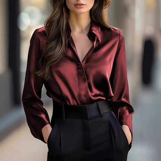 Chemisier élégant en satin à manches longues pour femme, chemise à col boutonné, parfait pour une tenue de travail décontractée et professionnelle.
