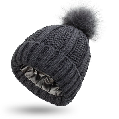 Bonnet d'hiver tricoté tendance, extensible et doublé, à motif tête de mort, pour femme, bonnet à pompon en fausse fourrure pour garder bien au chaud