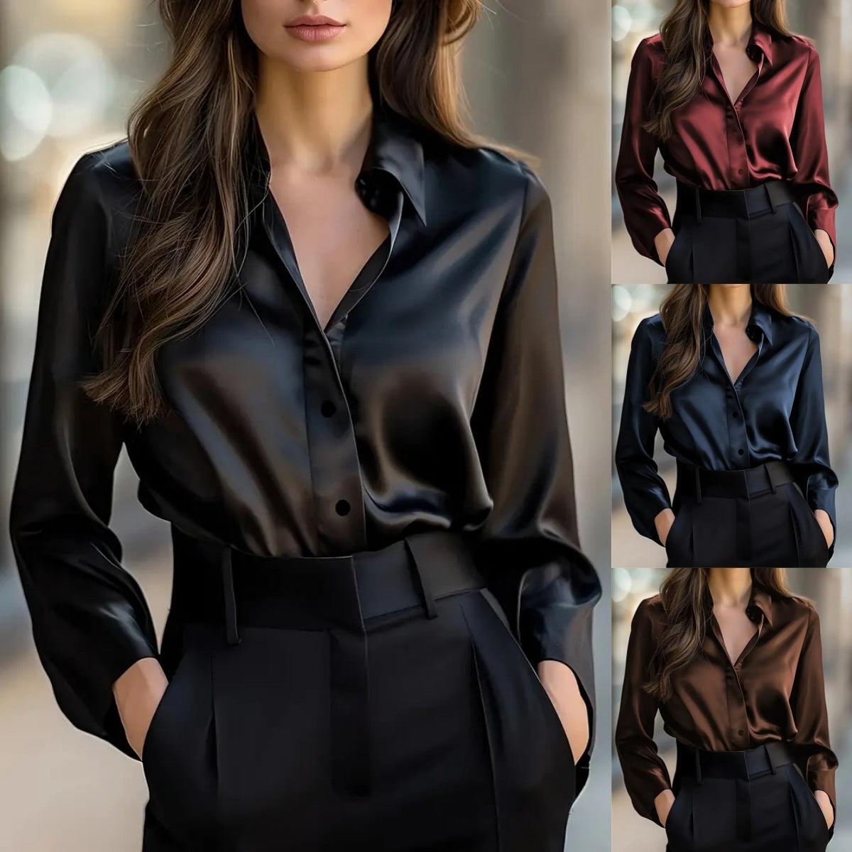 Chemisier élégant en satin à manches longues pour femme, chemise à col boutonné, parfait pour une tenue de travail décontractée et professionnelle.