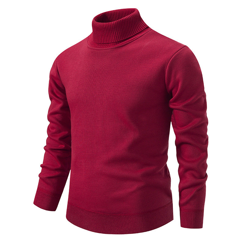 Pull à col roulé pour homme, couleur unie, doublé polaire, manches longues.