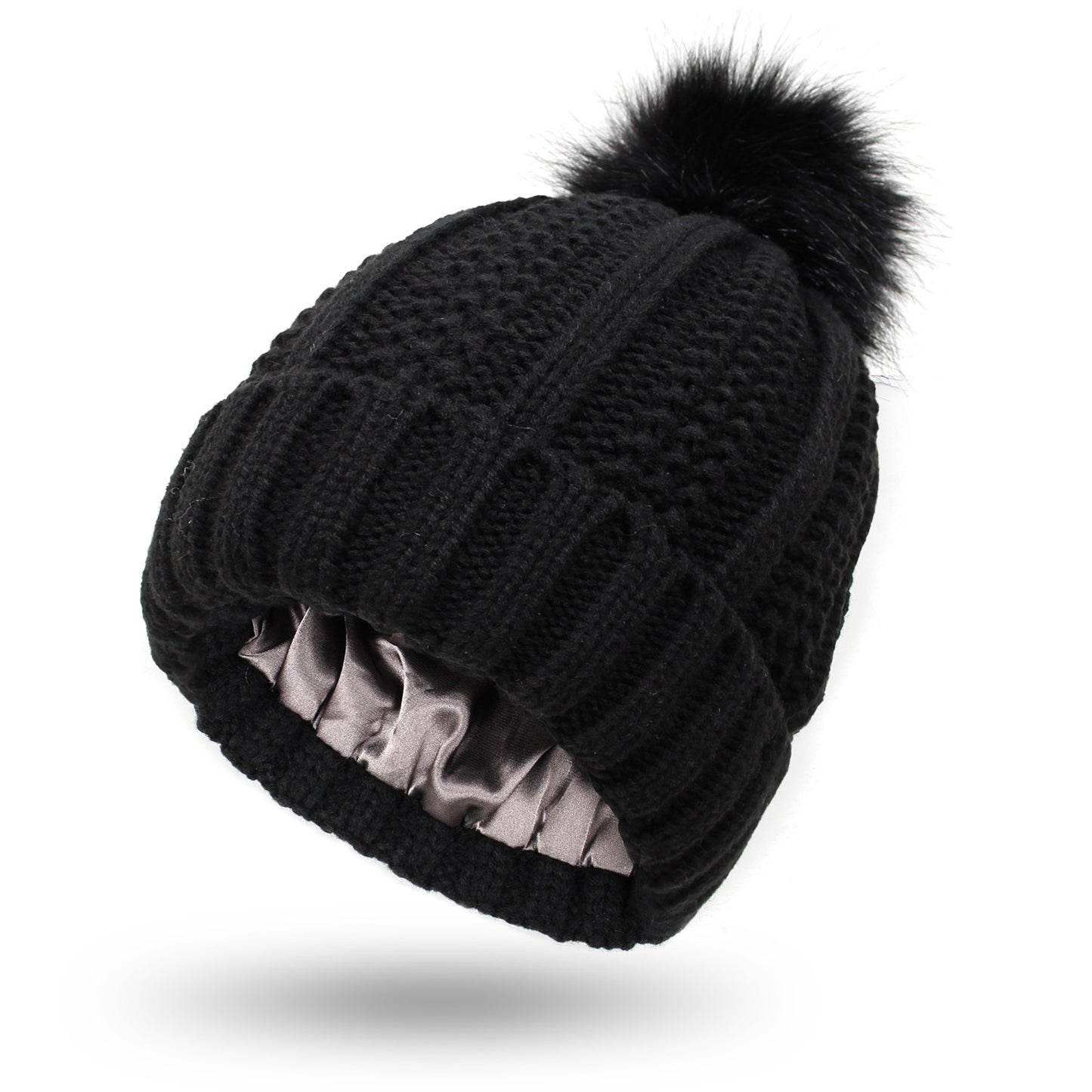 Bonnet d'hiver tricoté tendance, extensible et doublé, à motif tête de mort, pour femme, bonnet à pompon en fausse fourrure pour garder bien au chaud
