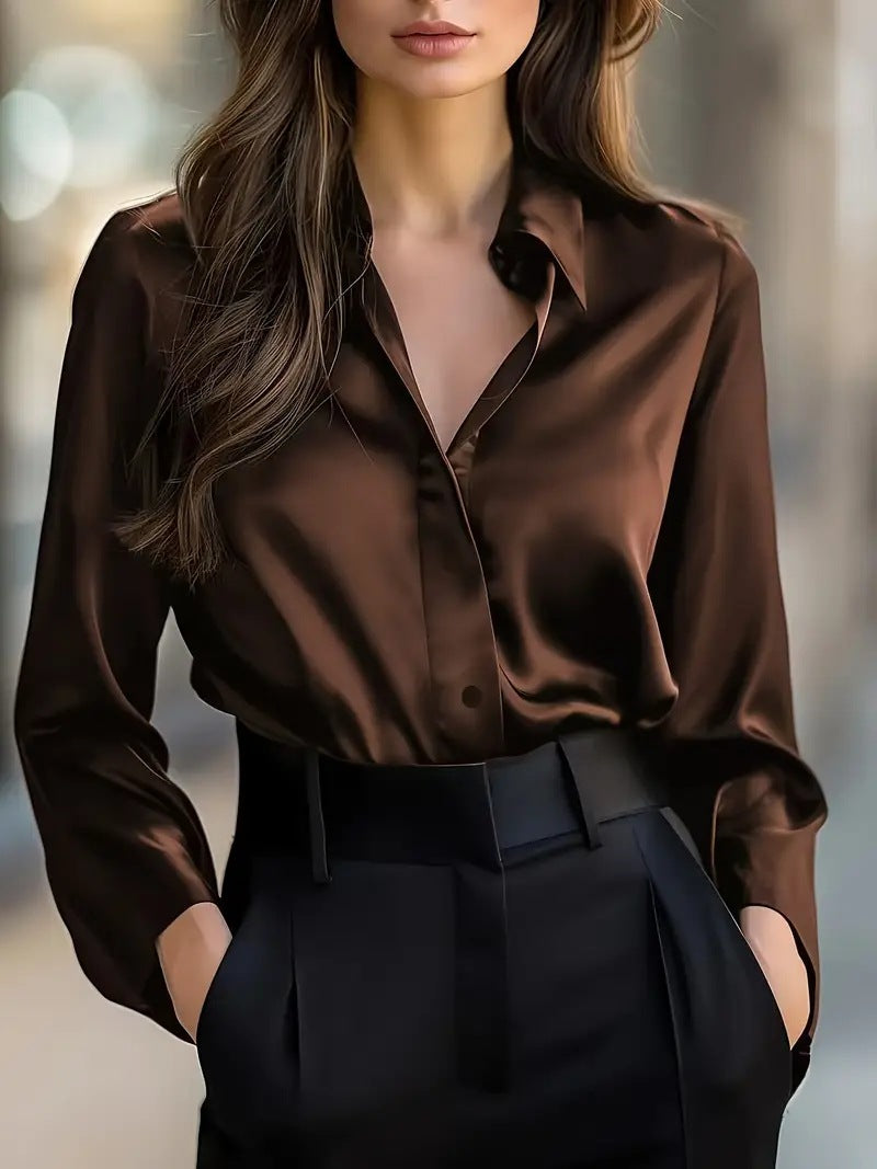 Chemisier élégant en satin à manches longues pour femme, chemise à col boutonné, parfait pour une tenue de travail décontractée et professionnelle.
