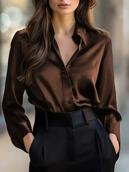 Chemisier élégant en satin à manches longues pour femme, chemise à col boutonné, parfait pour une tenue de travail décontractée et professionnelle.
