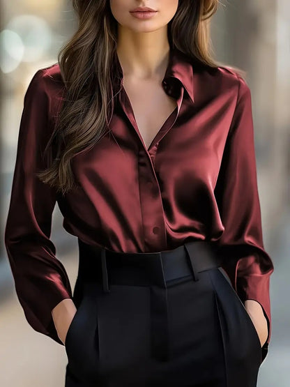 Chemisier élégant en satin à manches longues pour femme, chemise à col boutonné, parfait pour une tenue de travail décontractée et professionnelle.