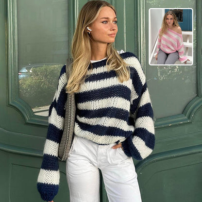 Pull rayé ample, style polyvalent, manches longues, en maille, vêtements pour femmes