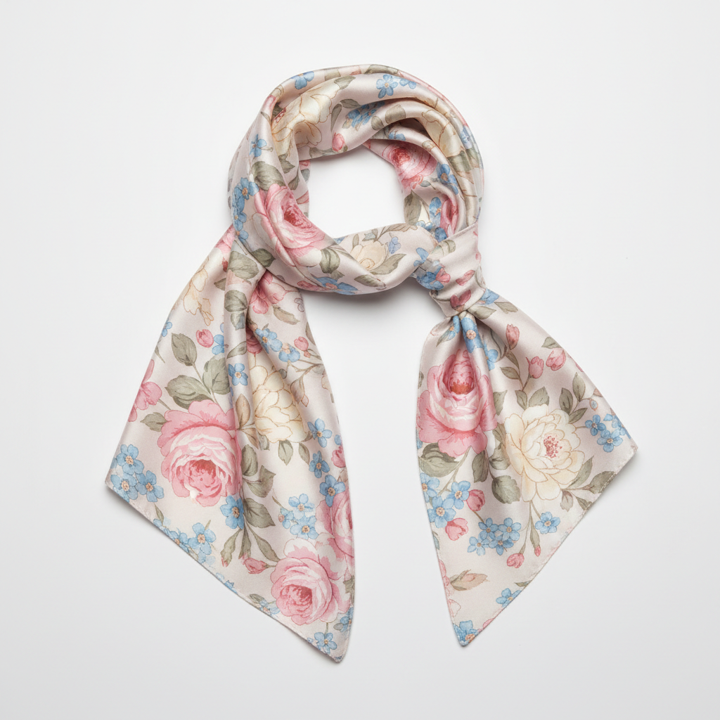 Elegant silk scarf with delicate floral pattern in soft pastels