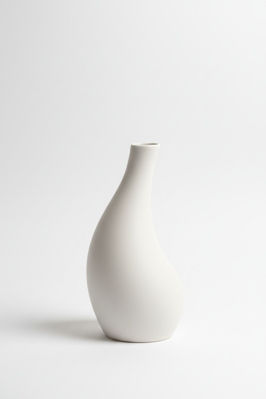 Minimalist white ceramic vase with elegant curved shape